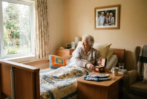 Sœur âgée assise au lit dans une chambre d’hôpital à domicile, avec couverture colorée et tableanoù rangements, photo de famille au mur; cadeau utile et réconfortant pour cadeaux pratiques personne âgée hospitalisée.